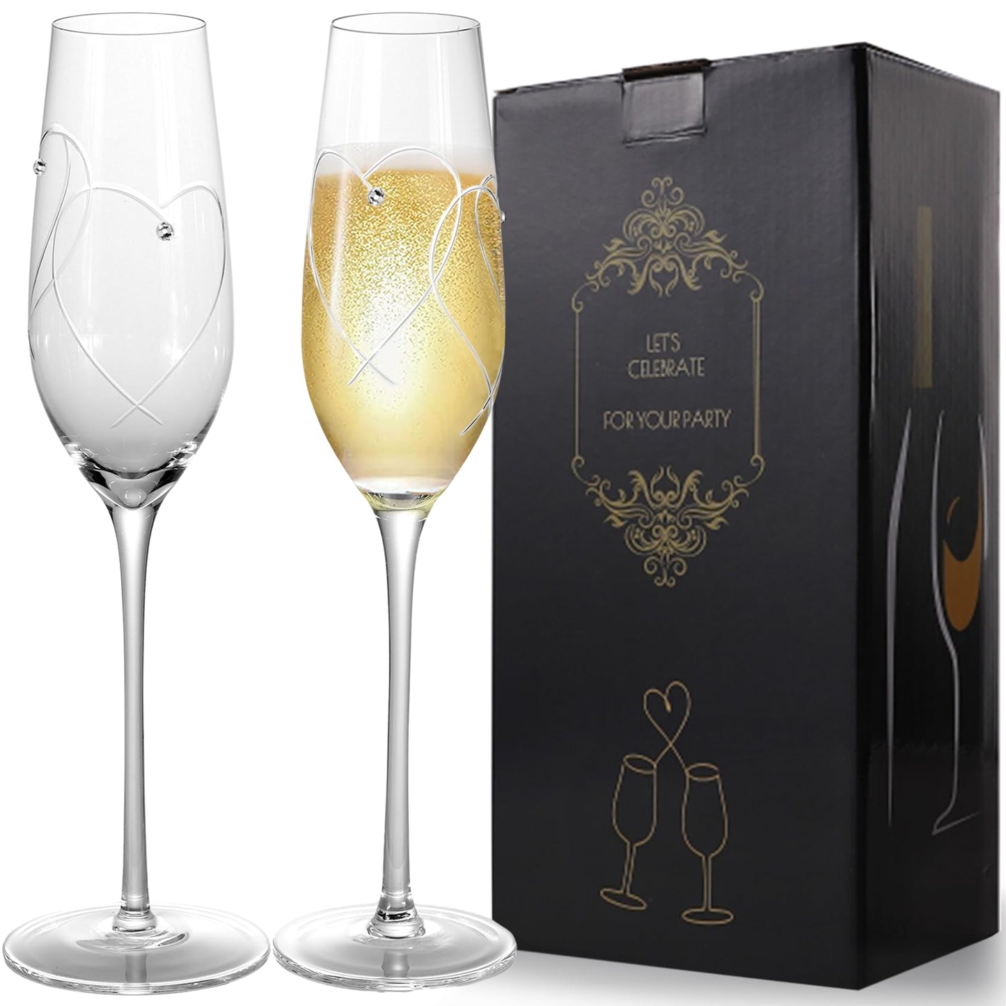 VARLKA Champagne Flutes, Wedding Champagne Gasses for Bride and Groom Set of 2 with Engraved Love Heart Design Embellished with Crystal, Wedding Presents for Couple