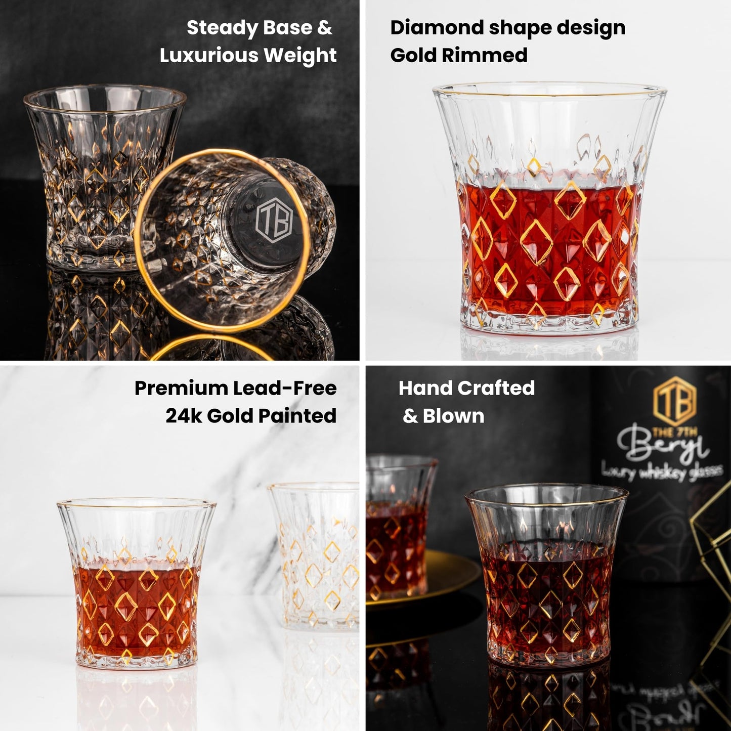Luxury Whiskey Glasses Set of 2, Bourbon Glasses, Old Fashioned Glasses, Gold Plated, Gifts for Dad, Men, Husband, Groomsmen gifts, Bachelor's Eve, Drinking Scotch, Vodka, Cognac, Liquor