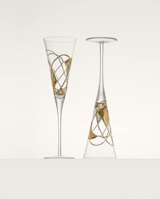 Antoni Barcelona Champagne Flute 7.5 Oz GOLD - EXCLUSIVE BOX -Unique Mouth Blown Line Hand Painted Beverage Amazing Gift Birthday Anniversary Wedding Woman Man (Set 2)