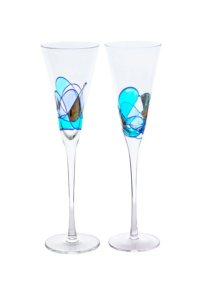 Antoni Barcelona Champagne Flute 7.5 Oz GOLD - EXCLUSIVE BOX -Unique Mouth Blown Line Hand Painted Beverage Amazing Gift Birthday Anniversary Wedding Woman Man (Set 2)