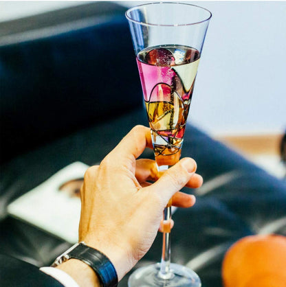 Antoni Barcelona Champagne Flute 7.5 Oz GOLD - EXCLUSIVE BOX -Unique Mouth Blown Line Hand Painted Beverage Amazing Gift Birthday Anniversary Wedding Woman Man (Set 2)
