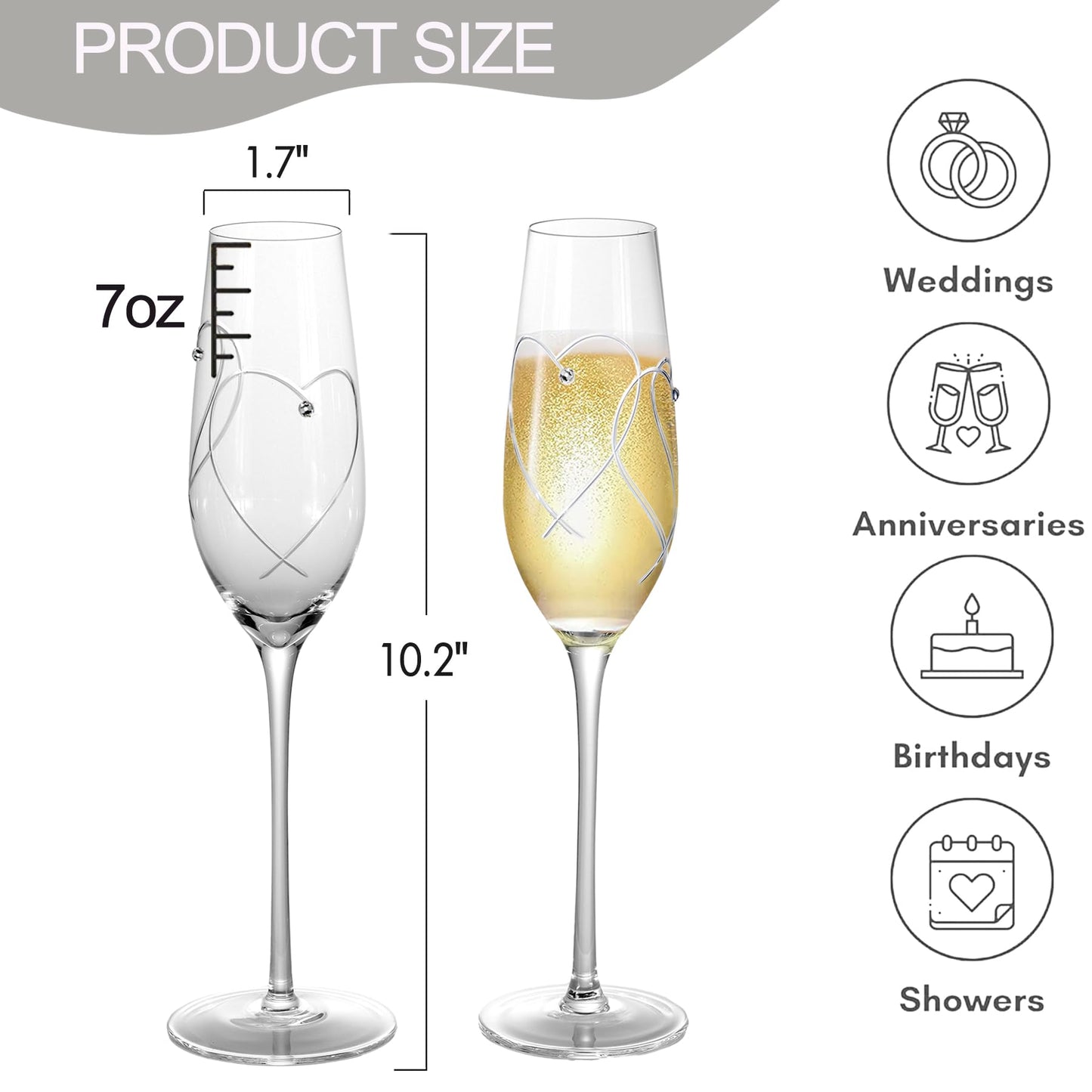 VARLKA Champagne Flutes, Wedding Champagne Gasses for Bride and Groom Set of 2 with Engraved Love Heart Design Embellished with Crystal, Wedding Presents for Couple