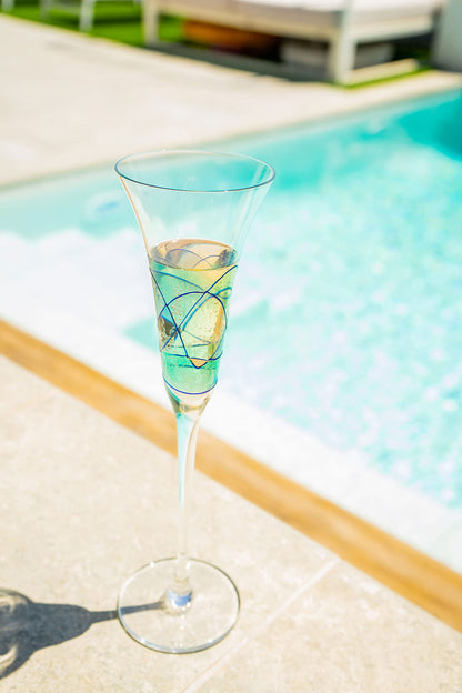 Antoni Barcelona Champagne Flute 7.5 Oz GOLD - EXCLUSIVE BOX -Unique Mouth Blown Line Hand Painted Beverage Amazing Gift Birthday Anniversary Wedding Woman Man (Set 2)
