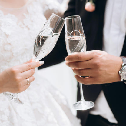 VARLKA Champagne Flutes, Wedding Champagne Gasses for Bride and Groom Set of 2 with Engraved Love Heart Design Embellished with Crystal, Wedding Presents for Couple