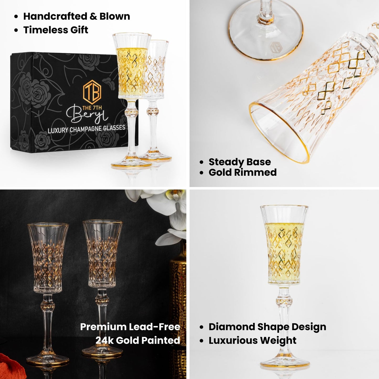 The 7th Beryl Luxury Champagne Glasses Set of 2, Champagne flutes for wedding couples, Thanksgiving, Christmas,Party engagement gifts for wedding,Anniversary,Wedding glasses for bride and groom