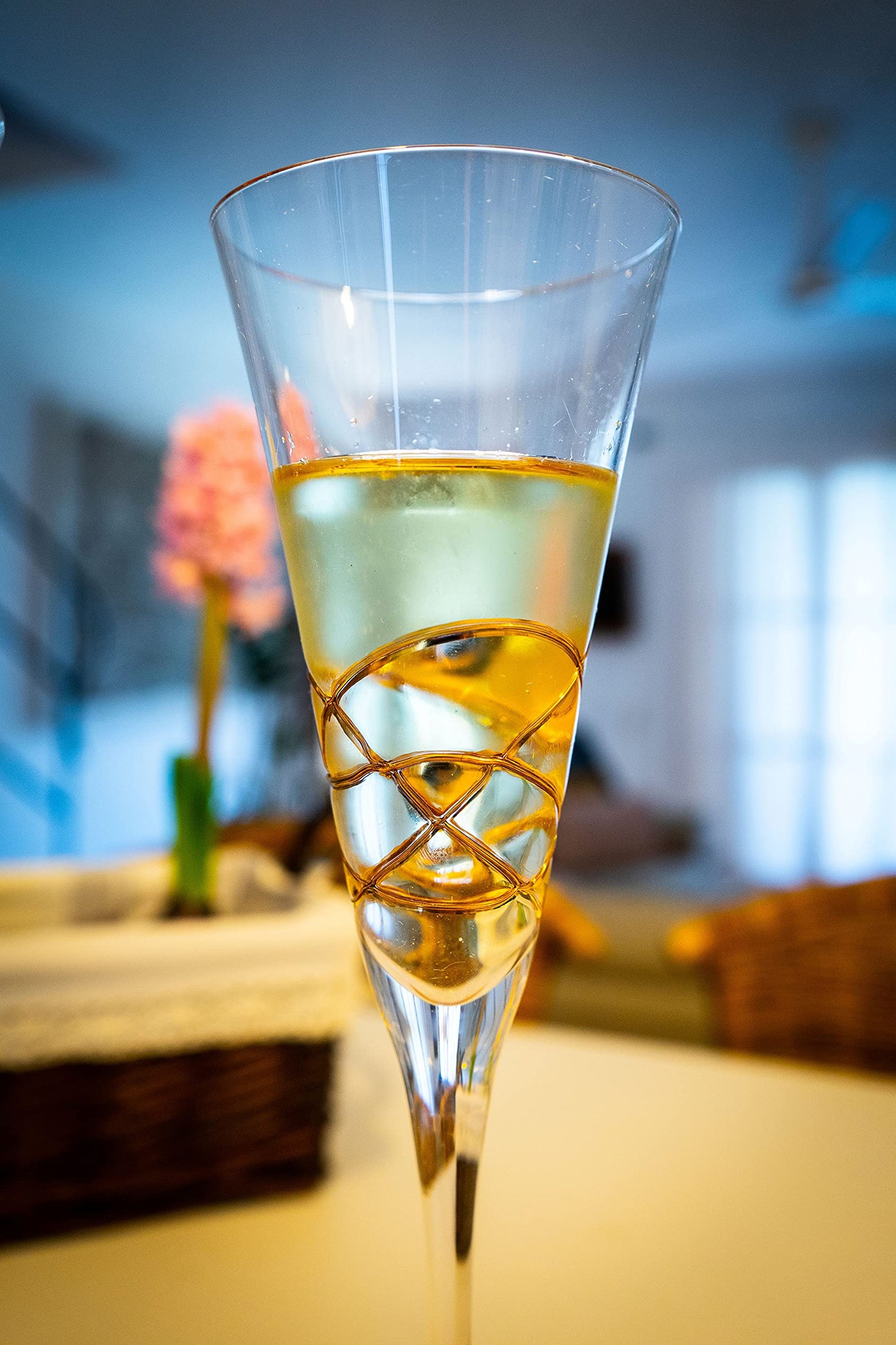 Antoni Barcelona Champagne Flute 7.5 Oz GOLD - EXCLUSIVE BOX -Unique Mouth Blown Line Hand Painted Beverage Amazing Gift Birthday Anniversary Wedding Woman Man (Set 2)